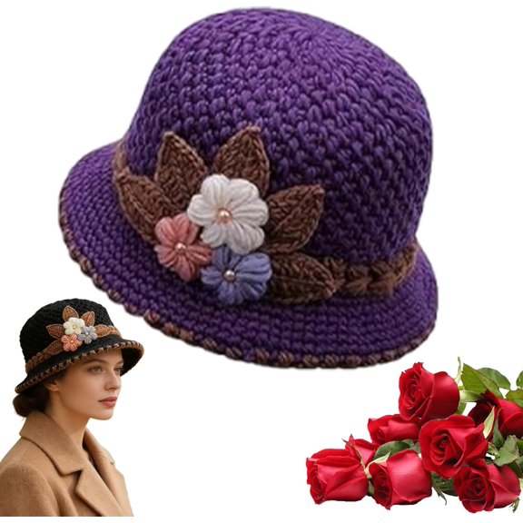 Women's Flowers Knitted Woolen Hat, 2026 New French Thicken Vintage Floral Patterns Hat for Women