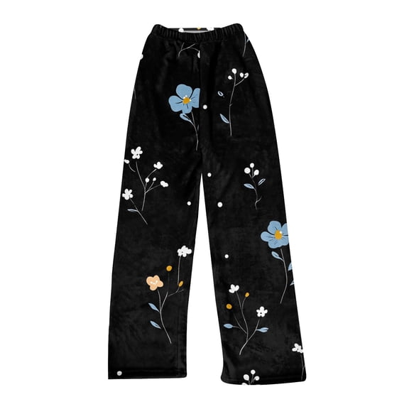 Women's Flowers Printed Plush Pants, Full Length Long Trousers for Winter Casual Wear, Soft and Warm Fleece Material with Floral Design,Black,XS