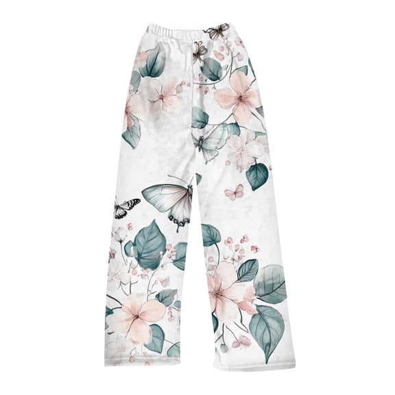 Women's Flowers Printed Plush Pants, Full Length Long Trousers for Winter Casual Wear, Soft and Warm Fleece Material with Floral Design,Gray,L