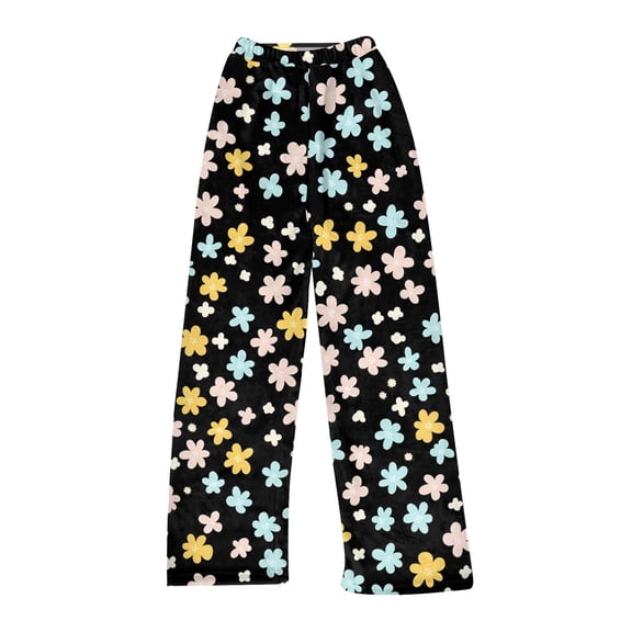 Women's Flowers Printed Plush Pants, Full Length Long Trousers for Winter Casual Wear, Soft and Warm Fleece Material with Floral Design,Light Blue,XS