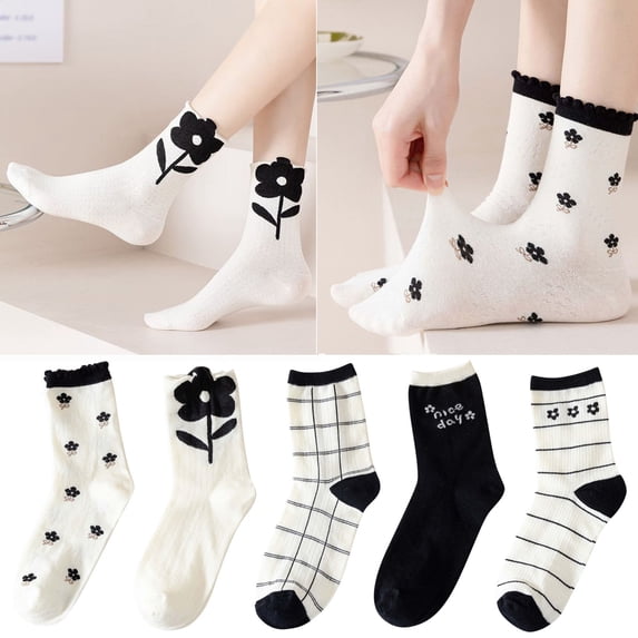 Women's Flowers Socks Cute Print Black and White Short Socks Ankle Socks Comfortable Ruffle Socks Gifts For Women Daily Wear E One Size