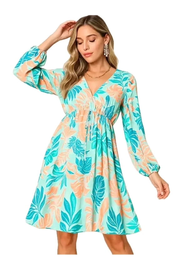 Women's Flowing Full Size Printed V Neck Drawstring Dress with Sheer Tied Overlay Lined 100% Rayon Lightweight Upgrade