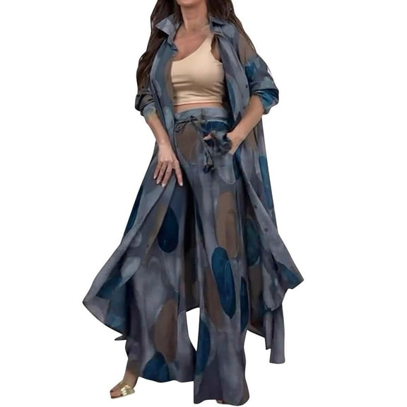 Women's Flowy 2 Piece Outfits Aesthetic Printed Full Sleeve Button up Long Shirt and Wide Leg Pant Sets Beach Holiday (2XL, Gray)