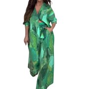 Women's Flowy 2 Piece Outfits Aesthetic Printed Full Sleeve Button up Long Shirt and Wide Leg Pant Sets Beach Holiday M, Green