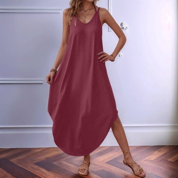 Women's Flowy Boho Maxi Dress Sleeveless V Neck Casual Summer Beach Travel Dress with Side Split and Pockets