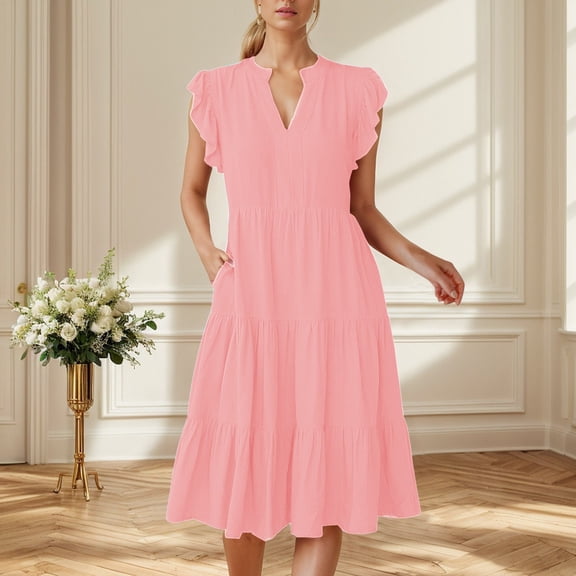 Women's Flowy Boho Midi Dress 2024 Summer Casual V Neck Ruffle Sleeve Tiered Beach Dress Fashion Trendy Comfortable Stylish