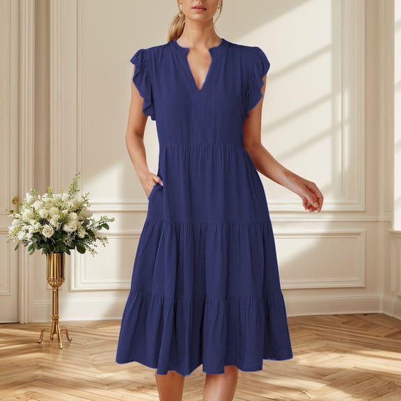 Women's Flowy Boho Midi Dress 2024 Summer Casual V Neck Ruffle Sleeve Tiered Beach Dress Fashion Trendy Comfortable Stylish
