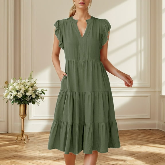 Women's Flowy Boho Midi Dress 2024 Summer Casual V Neck Ruffle Sleeve Tiered Beach Dress Fashion Trendy Comfortable Stylish