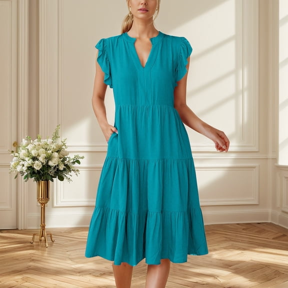 Women's Flowy Boho Midi Dress 2024 Summer Casual V Neck Ruffle Sleeve Tiered Beach Dress Fashion Trendy Comfortable Stylish