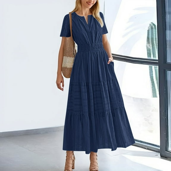 Women's Flowy Boho Summer Dress Lightweight Midi Maxi Casual V Neck Short Sleeve Elastic Waist Beach Dress with Pockets