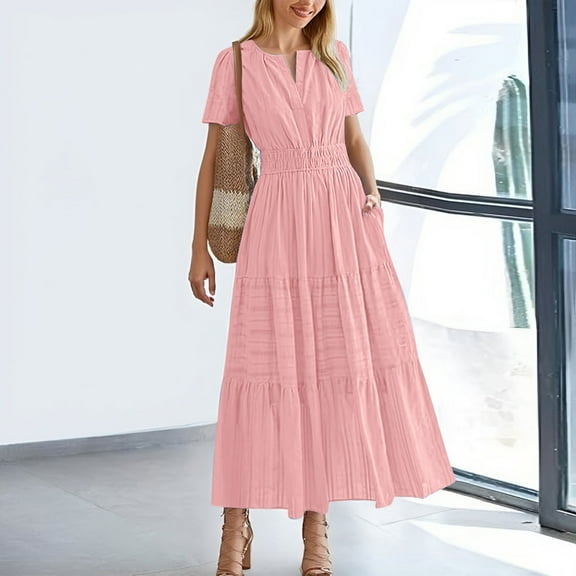 Women's Flowy Boho Summer Dress Lightweight Midi Maxi Casual V Neck Short Sleeve Elastic Waist Beach Dress with Pockets