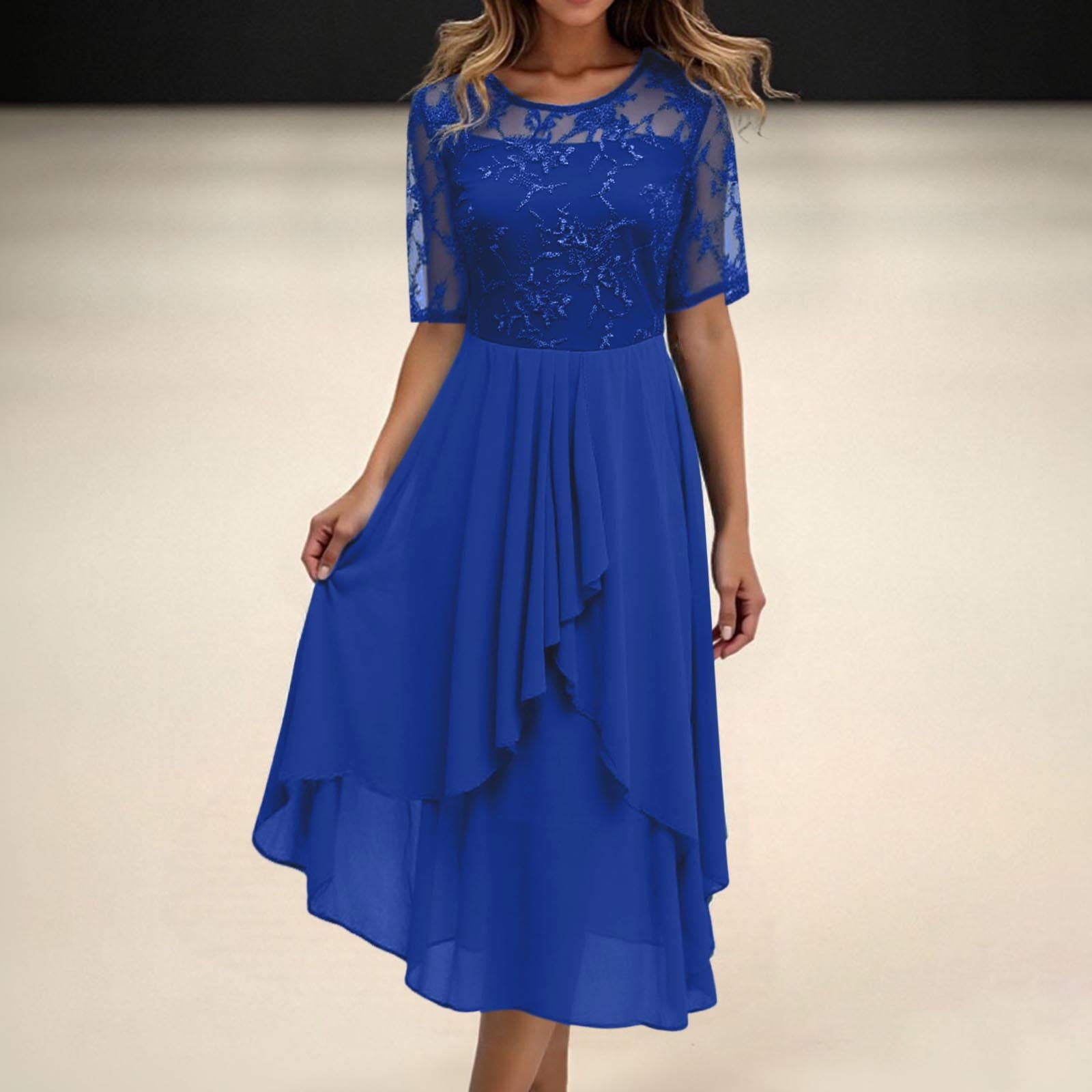 Women's Flowy Casual Dress Elegant Lace Detail Loose Fit Summer Spring  Party Daily Wear Comfortable Chiffon Midi Length - Walmart.com