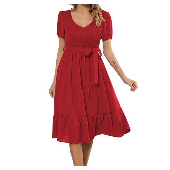 Women's Flowy Casual Mini Dresses Summer Smocked V Neck Flutter Sleeve Ruffle Dress