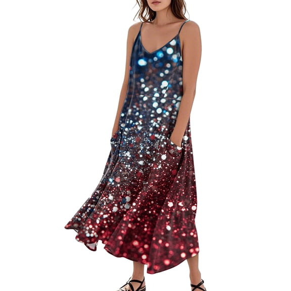 Women's Flowy Casual Sleeveless Dress with Patriotic Theme, Lightweight Long Sundress, Pocket Design for Beach Vacations and Outdoor Activities,Vermilion S
