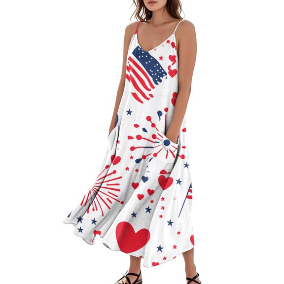 Women's Flowy Casual Sleeveless Dress with Patriotic Theme, Lightweight Long Sundress, Pocket Design for Beach Vacations and Outdoor Activities,White 2XL