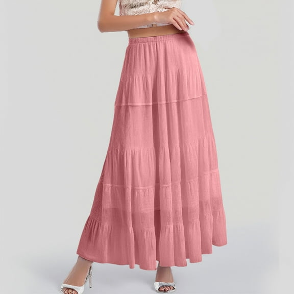 Women's Flowy Chiffon Maxi Skirt Boho Summer Elastic Waist Pleated A-Line Long Skirt Comfortable Lightweight Feminine