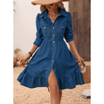 thumbnail image 1 of Women‘s Flowy Denim Dress A Line Ruffle Midi Jean Dresses Vacation Puff Long Sleeve Button Down Lapel Neck Casual Dress, 1 of 5