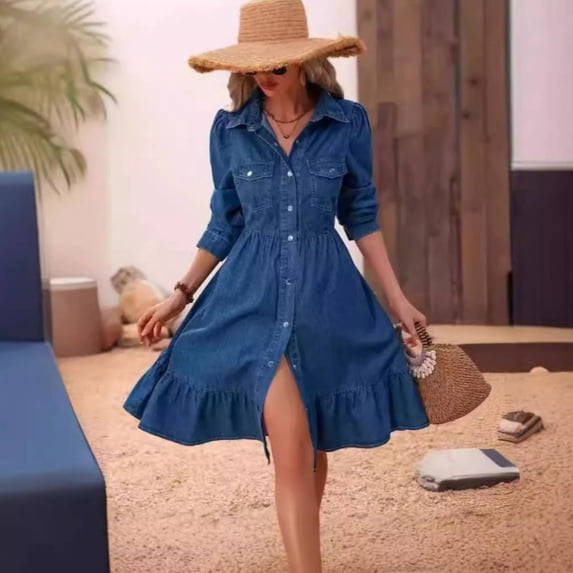 Women's Flowy Denim Dress Lapel Long Puff Sleeve Button Down A Line Swing Ruffle Jean Dress