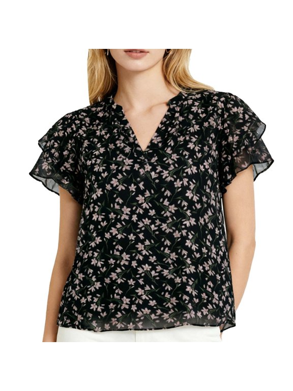 Women's Flowy Double Layer Chiffon Top Small Petal Floral Print Waist Cinch Blouse Short Sleeve Casual V-Neck Shirt L