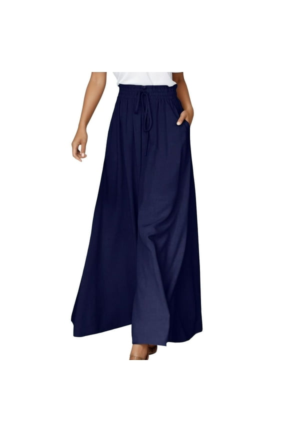 Women's Flowy Drape Wide Leg Casual Pants with Ruffle Detail and Adjustable Drawstring Waist