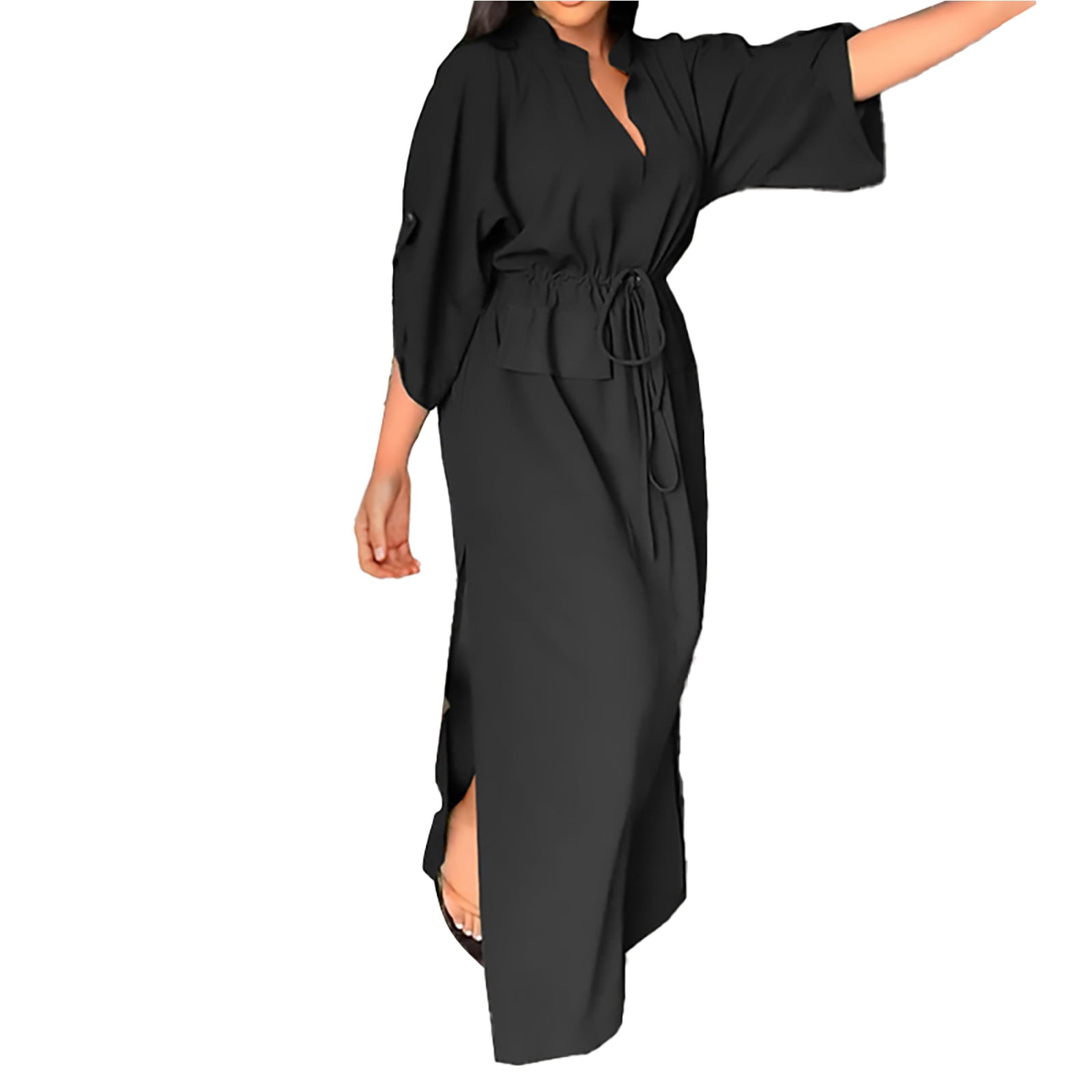 Women's Flowy Dresses Fashion Casual Stand Up V Neck Solid Color Open