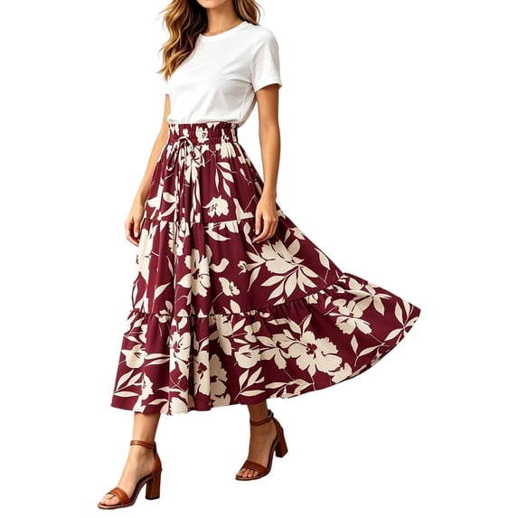 Women's Flowy Elastic High Waist Skirts Trendy Summer 2026 Boho Casual Beach Holiday Floral Print A Line Midi Skirt