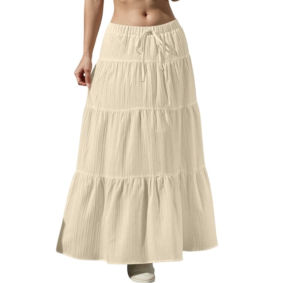 Women's Flowy Flared Ruffle Hem A Line Maxi Skirts Elastic Waist Elegant Tiered Layer Boho Long Skirts Beige XL