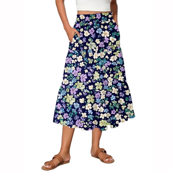 Women's Flowy Flared Ruffle Hem A-Line Maxi Skirts with Elastic Waist, Elegant Tiered Layer Boho Long Skirts, Floral Print for Summer,Dark Purple,Size M