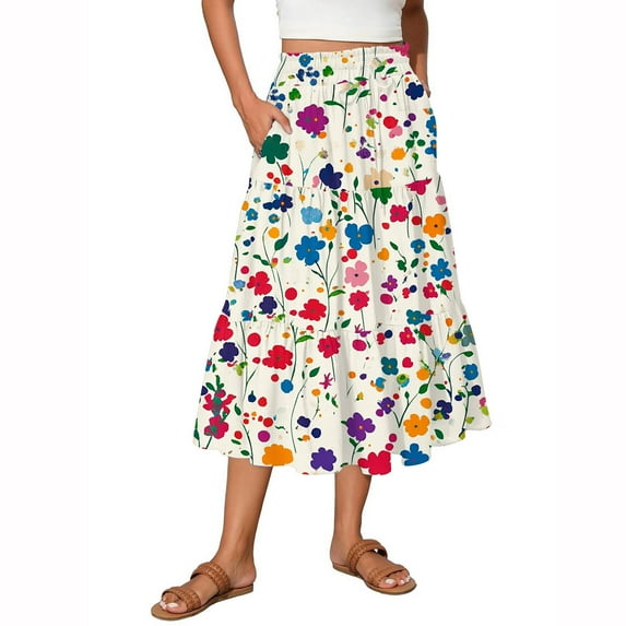 Women's Flowy Flared Ruffle Hem A-Line Maxi Skirts with Elastic Waist, Elegant Tiered Layer Boho Long Skirts, Floral Print for Summer,Multicolor,Size S