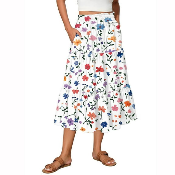 Women's Flowy Flared Ruffle Hem A-Line Maxi Skirts with Elastic Waist, Elegant Tiered Layer Boho Long Skirts, Floral Print for Summer,Royal Blue,Size 2XL