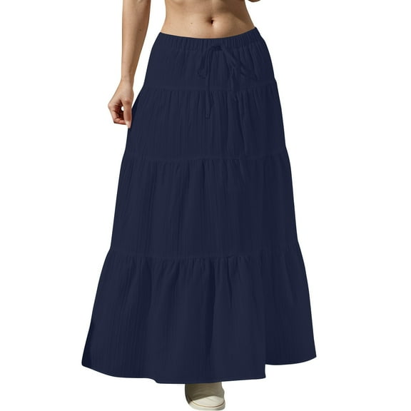 Women's Flowy Flared Ruffle Hem A Line Maxi Skirts Elastic Waist Elegant Tiered Layer Boho Long Skirts Navy M