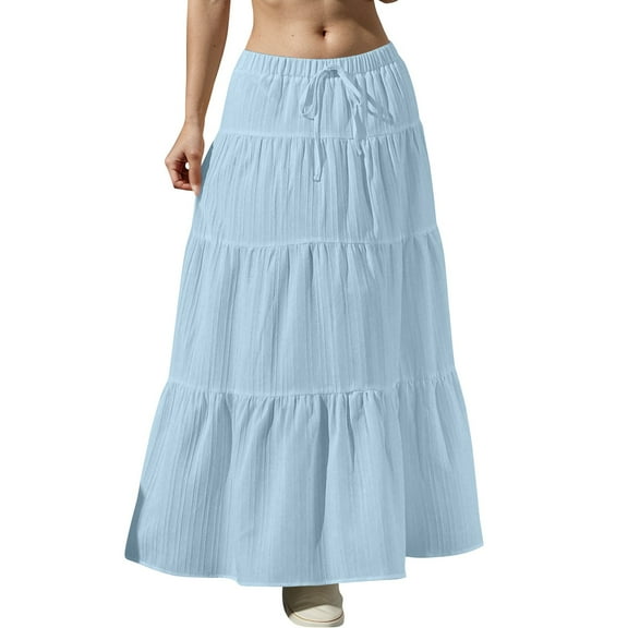 Women's Flowy Flared Ruffle Hem A Line Maxi Skirts Elastic Waist Elegant Tiered Layer Boho Long Skirts Sky Blue L