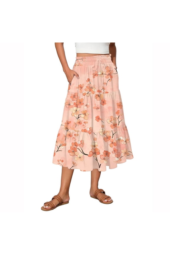 Women's Flowy Flared Ruffle Hem A-Line Maxi Skirts with Elastic Waist, Elegant Tiered Layer Boho Long Skirts, Floral Print for Summer,Orange,Size S