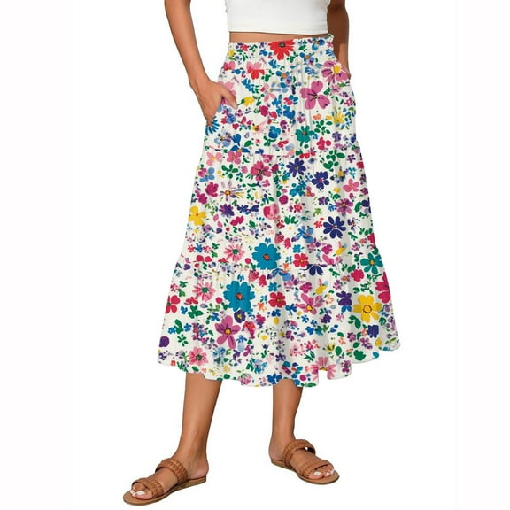 Women's Flowy Flared Ruffle Hem A-Line Maxi Skirts with Elastic Waist, Elegant Tiered Layer Boho Long Skirts, Floral Print for Summer,Purple,Size S
