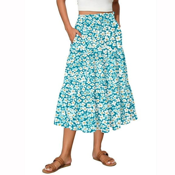 Women's Flowy Flared Ruffle Hem A-Line Maxi Skirts with Elastic Waist, Elegant Tiered Layer Boho Long Skirts, Floral Print for Summer,Sky Blue,Size S