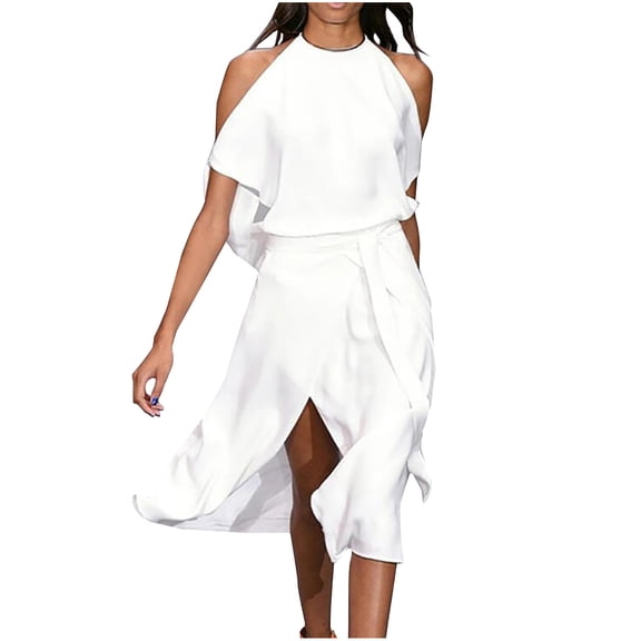 Women's Flowy Halter Dresses Elegant Cold Shoulder High Slit Swing Party Beach Midi Dress with Belt