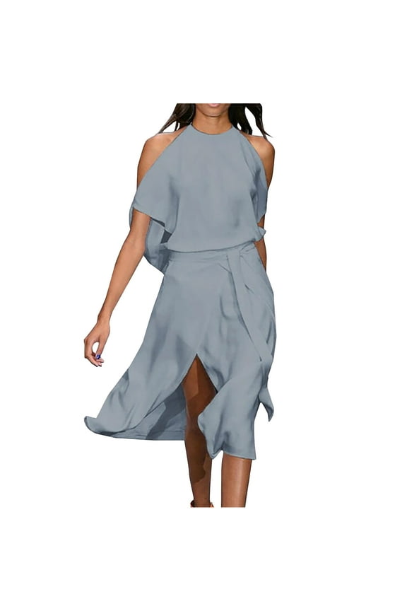 Women's Flowy Halter Dresses Elegant Cold Shoulder High Slit Swing Party Beach Midi Dress with Belt