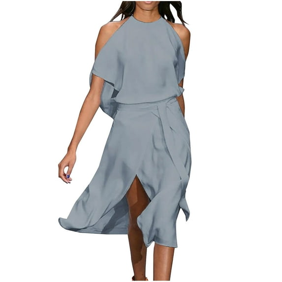 Women's Flowy Halter Dresses Elegant Cold Shoulder High Slit Swing Party Beach Midi Dress with Belt