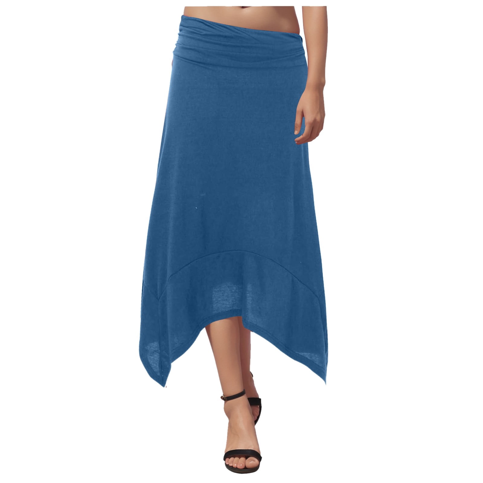 DJT Women's Flowy Handkerchief Hem Midi Skirt - Elastic Waist, Soft Fabric, Asymmetric Hemline, Sizes S-3XL
