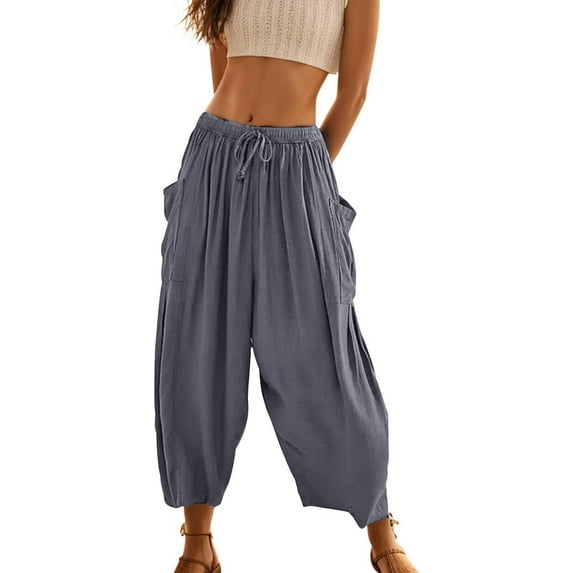 Women's Flowy Linen Pants Casual Wide Leg with Drawstring Pockets Summer Trousers 2024 Hippie Pants