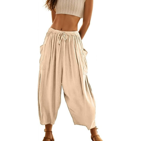 Women's Flowy Linen Pants Casual Wide Leg with Drawstring Pockets Summer Trousers 2024 Hippie Pants