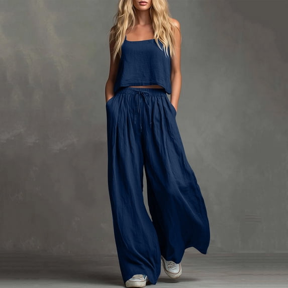 Women's Flowy Linen Two Piece Set Spaghetti Strap Cropped Cami with High Waist Wide Leg Pants Loose Fitting Outfits for Beach Casual Summer Vacation Dark Blue S