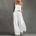 thumbnail image 1 of Women's Flowy Linen Two Piece Set Spaghetti Strap Cropped Cami with High Waist Wide Leg Pants Loose Fitting Outfits for Beach Casual Summer Vacation White S, 1 of 9