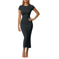 Women's Flowy Long Casual Dress Round Neck Solid Color Elegant Comfortable Daily Wear Fashion Outfit Womens Casual Trendy Midi Dresses