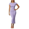 thumbnail image 1 of Women's Flowy Long Casual Dress Round Neck Solid Color Elegant Comfortable Daily Wear Fashion Outfit Womens Casual Trendy Midi Dresses, 1 of 5