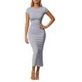 thumbnail image 1 of Women's Flowy Long Casual Dress Round Neck Solid Color Elegant Comfortable Daily Wear Fashion Outfit Womens Casual Trendy Midi Dresses, 1 of 5