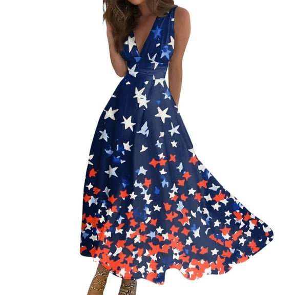 Women's Flowy Long Sundress Sleeveless V-Neck Design with Patriotic Print, Casual Beach Dress for Summer Holidays,Blue L
