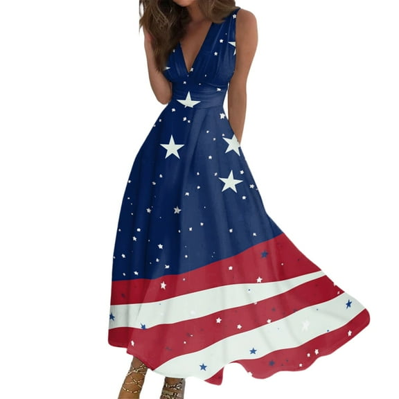 Women's Flowy Long Sundress Sleeveless V-Neck Design with Patriotic Print, Casual Beach Dress for Summer Holidays,Dark Blue S