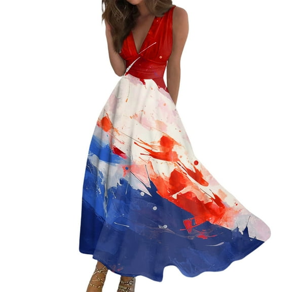 Women's Flowy Long Sundress Sleeveless V-Neck Design with Patriotic Print, Casual Beach Dress for Summer Holidays,Royal Blue S