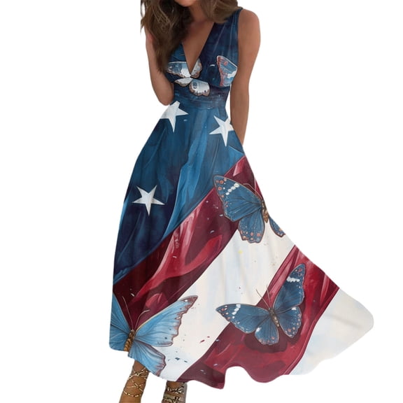 Women's Flowy Long Sundress Sleeveless V-Neck Design with Patriotic Print, Casual Beach Dress for Summer Holidays,Wine XL